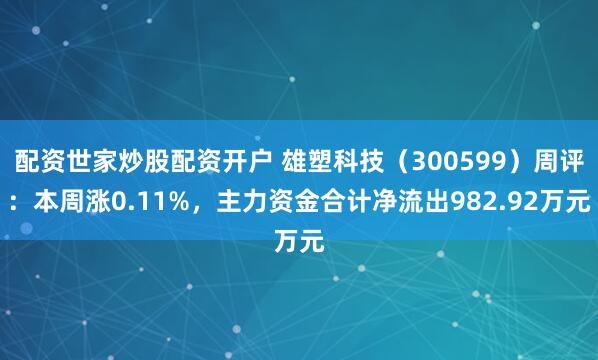 配资世家炒股配资开户 雄塑科技（300599）周评：本周涨0.11%，主力资金合计净流出982.92万元